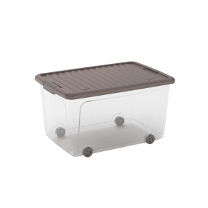 Contenitore trasparente t.b.t. con coperchio marrone e ruote.