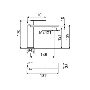 Disegno tecnico del rubinetto del lavabo con dimensioni per la progettazione del bagno.