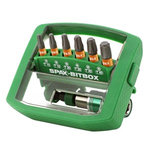 Spax Bitbox, set di attrezzi verde con varie punte e portainserti.