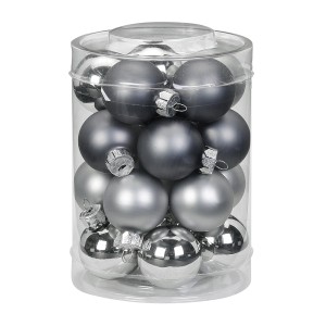 Set di palline di Natale nei toni dell'argento e del grigio, varie superfici in confezione trasparente.