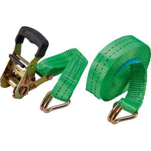 Cinghia di ancoraggio verde con cricchetto e ganci, due pezzi, 3,8 cm x 600 cm, per un trasporto sicuro.