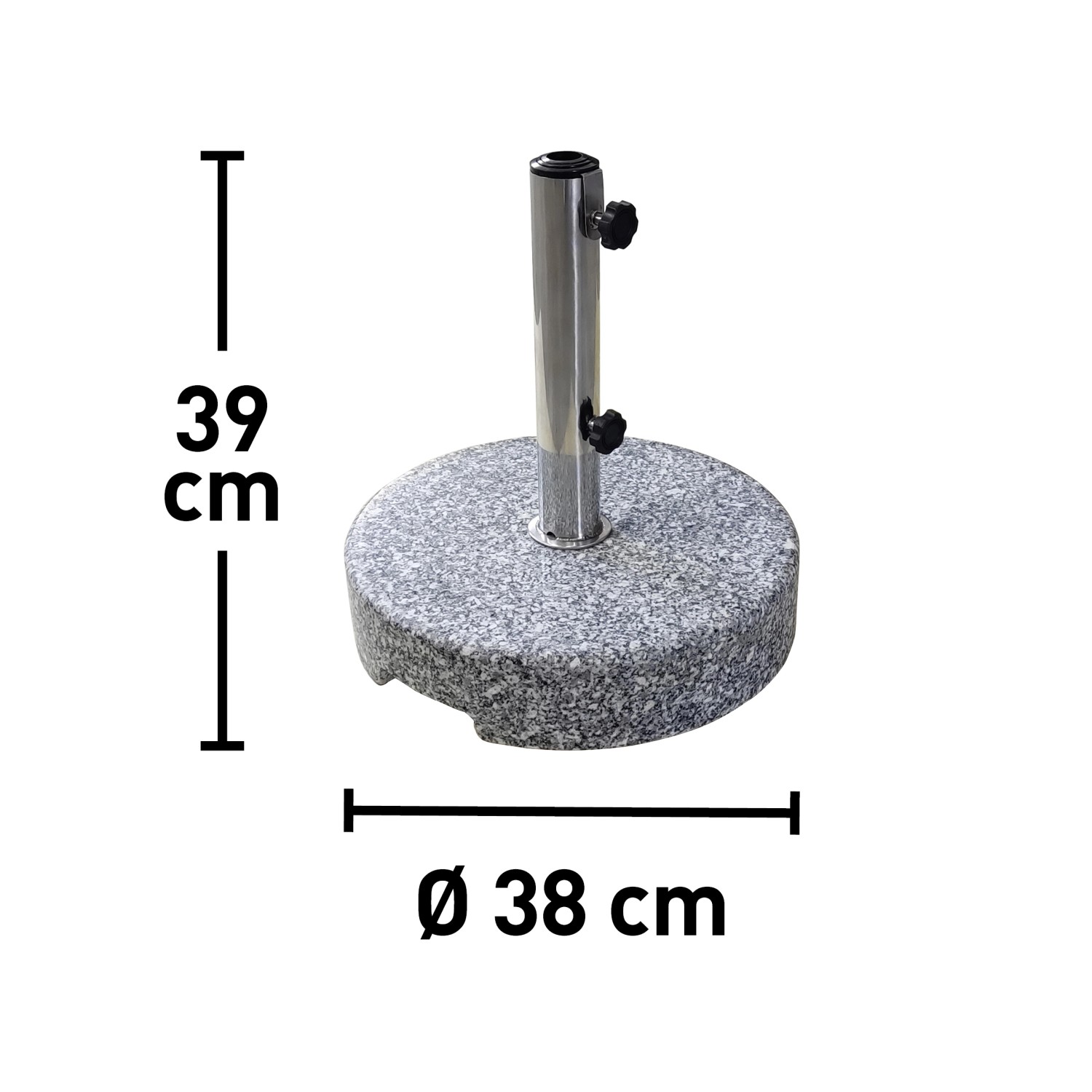 Portaombrellone Hostena in granito grigio, base rotonda con supporto argento.