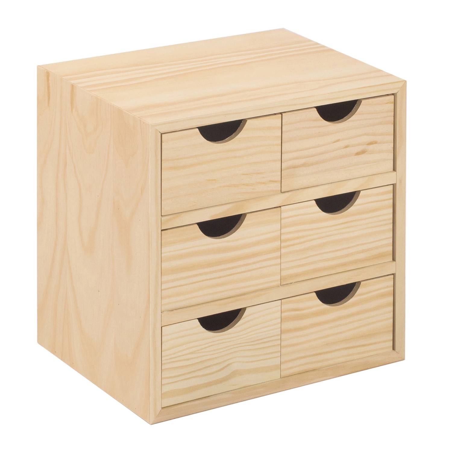 Cassettiera in legno chiaro con sei cassetti per ufficio o hobby.