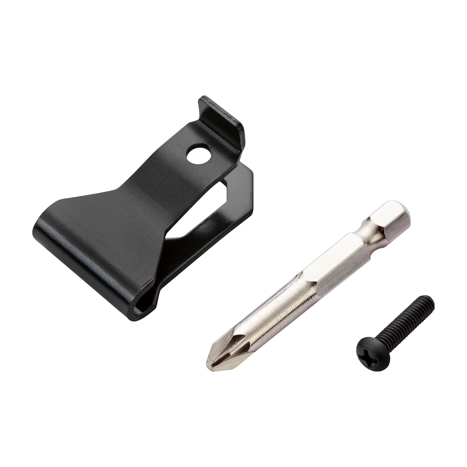 Accessori per trapano avvitatore a batteria LUX: clip da cintura, vite e punta.
