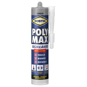 Cartuccia grigia di sigillante Bostik Poly Max con beccuccio per lavori di sigillatura e silicone.
