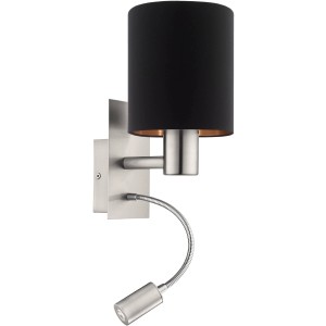 Moderna lampada da parete Pasteri con luce da lettura, nichel opaco/nero/rame. Ideale come lampada da parete per soggiorno e camere da letto.