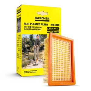 Filtro pieghettato Kärcher KFI 4410, arancione-giallo, per aspirapolvere a umido/secco. Confezione gialla.