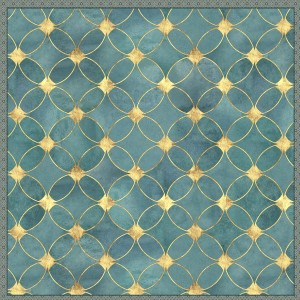 Tappeto moderno con sfondo blu e motivo dorato.