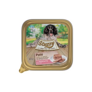 Stuzzy cibo umido per cani paté con prosciutto, lattina da 150g.