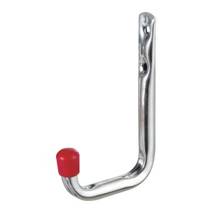 Gancio a muro zincato, 120x80 mm, con cappuccio in gomma rosso. Ideale per il montaggio a parete.