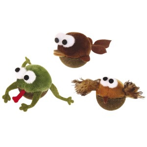 Vari giocattoli per gatti t.b.t.: rana, pesce e uccello con grandi occhi.