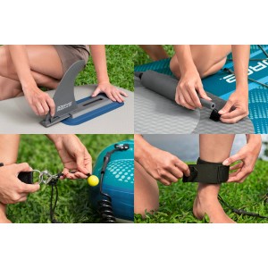 Bestway SUP Board Aqua Drifter: Dettagli di pinna, attacco sedile, leash e pompa.