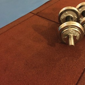 Piastrelle marroni per esterni, t.b.t., con manubri nell'area fitness.