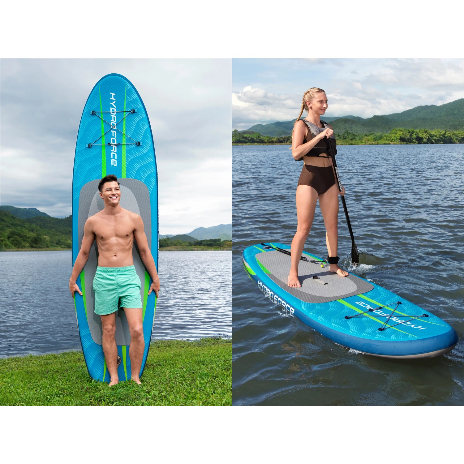 Set Bestway SUP Board Aqua Journey, blu/verde, con pagaia e persona sull'acqua.
