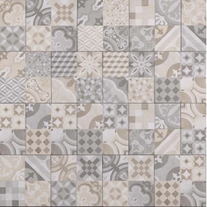 Piastrelle per pavimenti decorate, t.b.t., con vari design in tonalità di grigio e beige.