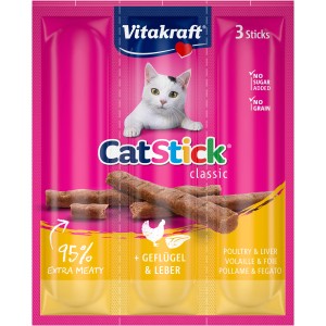 Vitakraft Cat Stick Pollame e Fegato, confezione da 3. Snack per gatti senza zucchero.