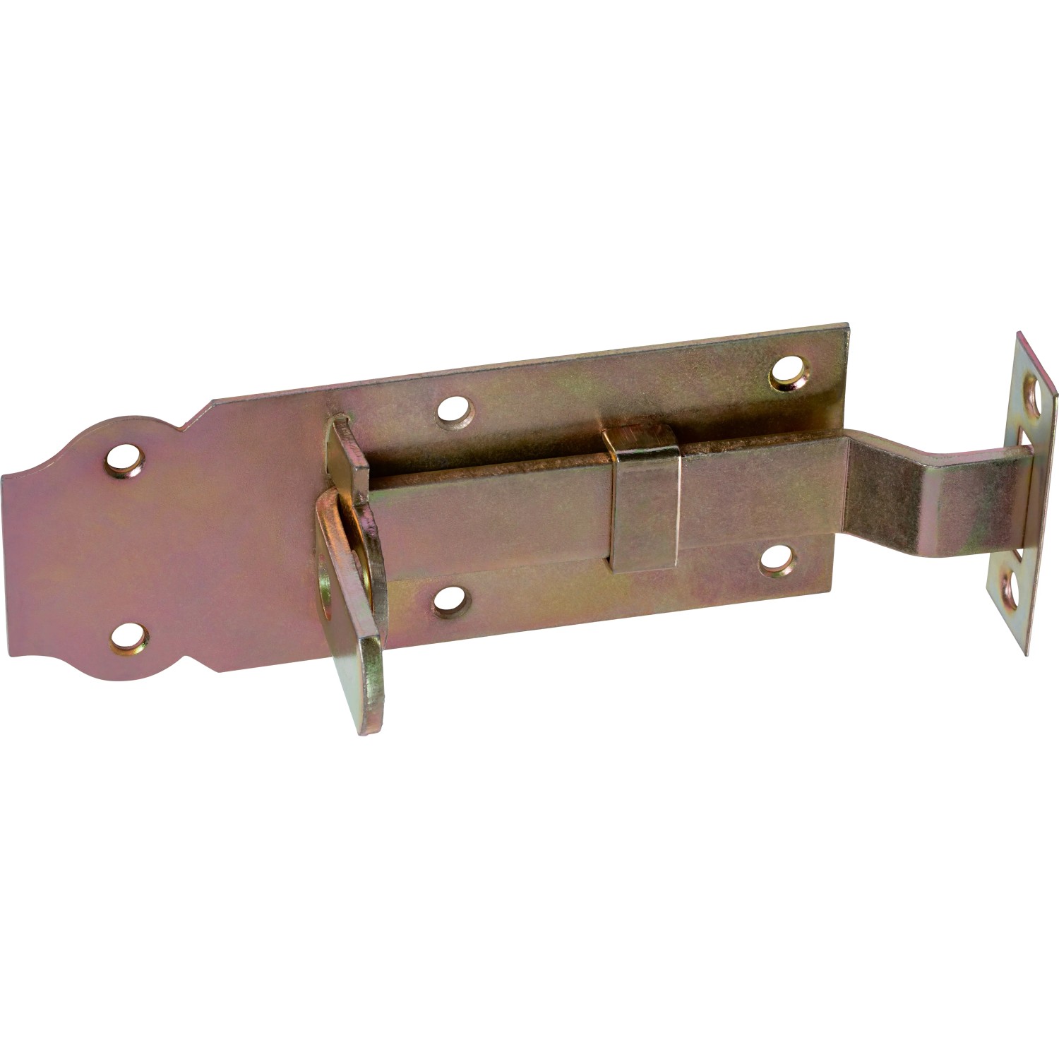 Catenaccio a leva giallo zincato, piegato, 140x45mm, per montaggio su porte e cancelli.