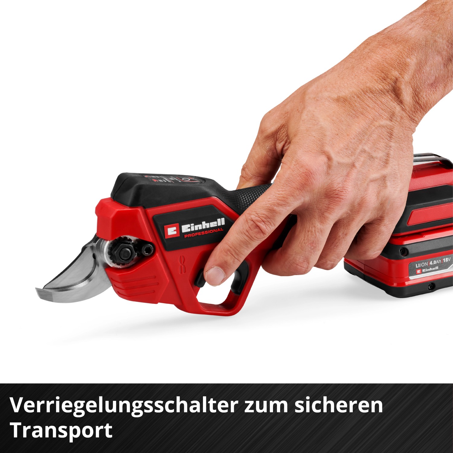 Forbice a batteria Einhell GP-LS 18/28: Cesoie da giardino rosse con mano sul grilletto e batteria.