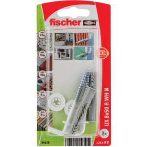 Tassello universale Fischer UX 8x50 con gancio, adatto per materiali da costruzione pieni, forati e a pannello, 2 pezzi.