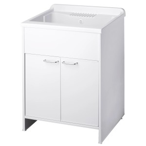 Mobile lavabo bianco con lavabo e due ante.