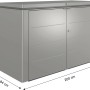 Box da giardino Biohort HighBoard 200 in grigio quarzo metallizzato con dimensioni.