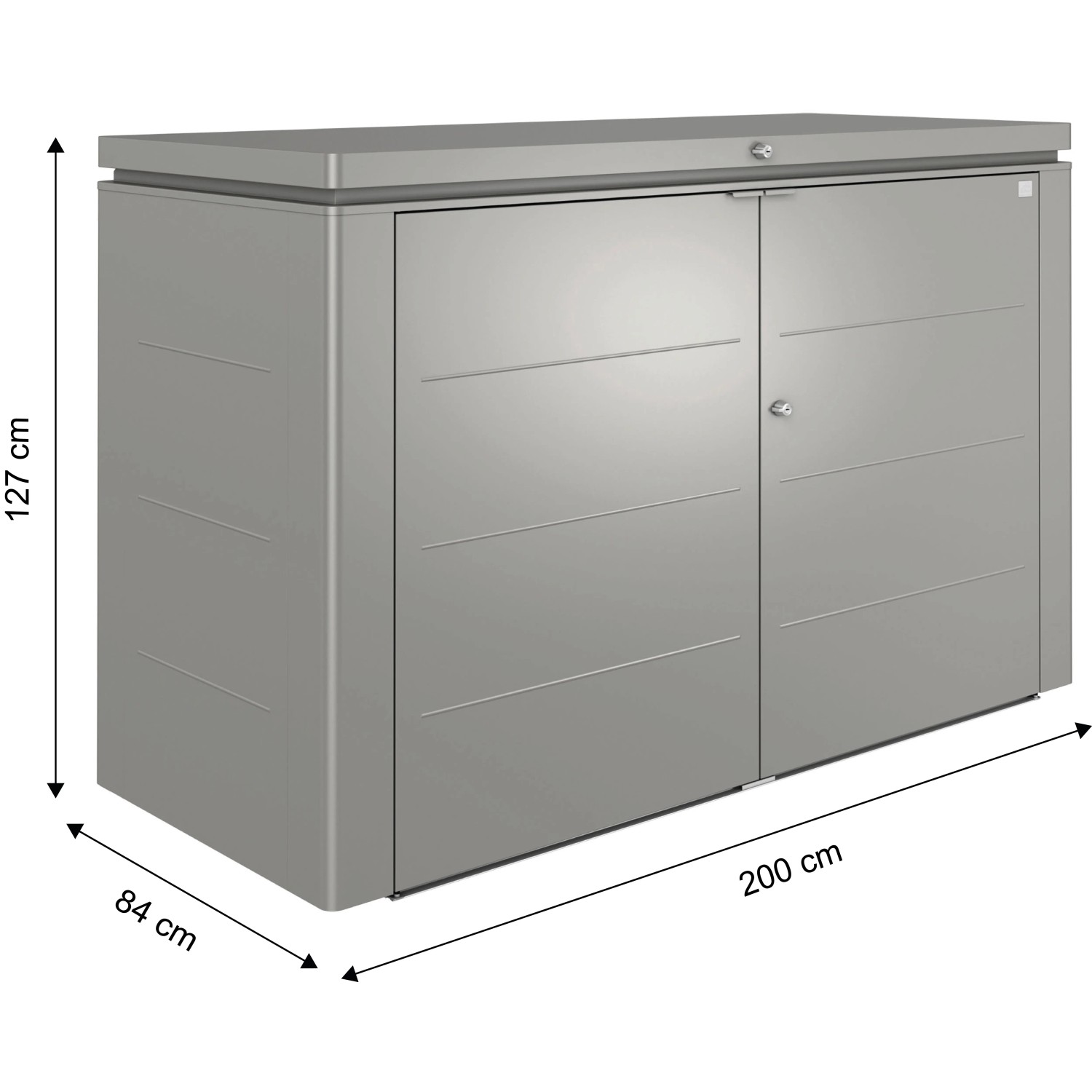 Box da giardino Biohort HighBoard 200 in grigio quarzo metallizzato con dimensioni.