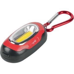 Torcia rossa compatta con moschettone per il trasporto.