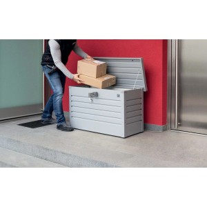 Biohort Paketbox 100 aperta, argentata, con pacchi. Box universale per deposito sicuro dei pacchi.