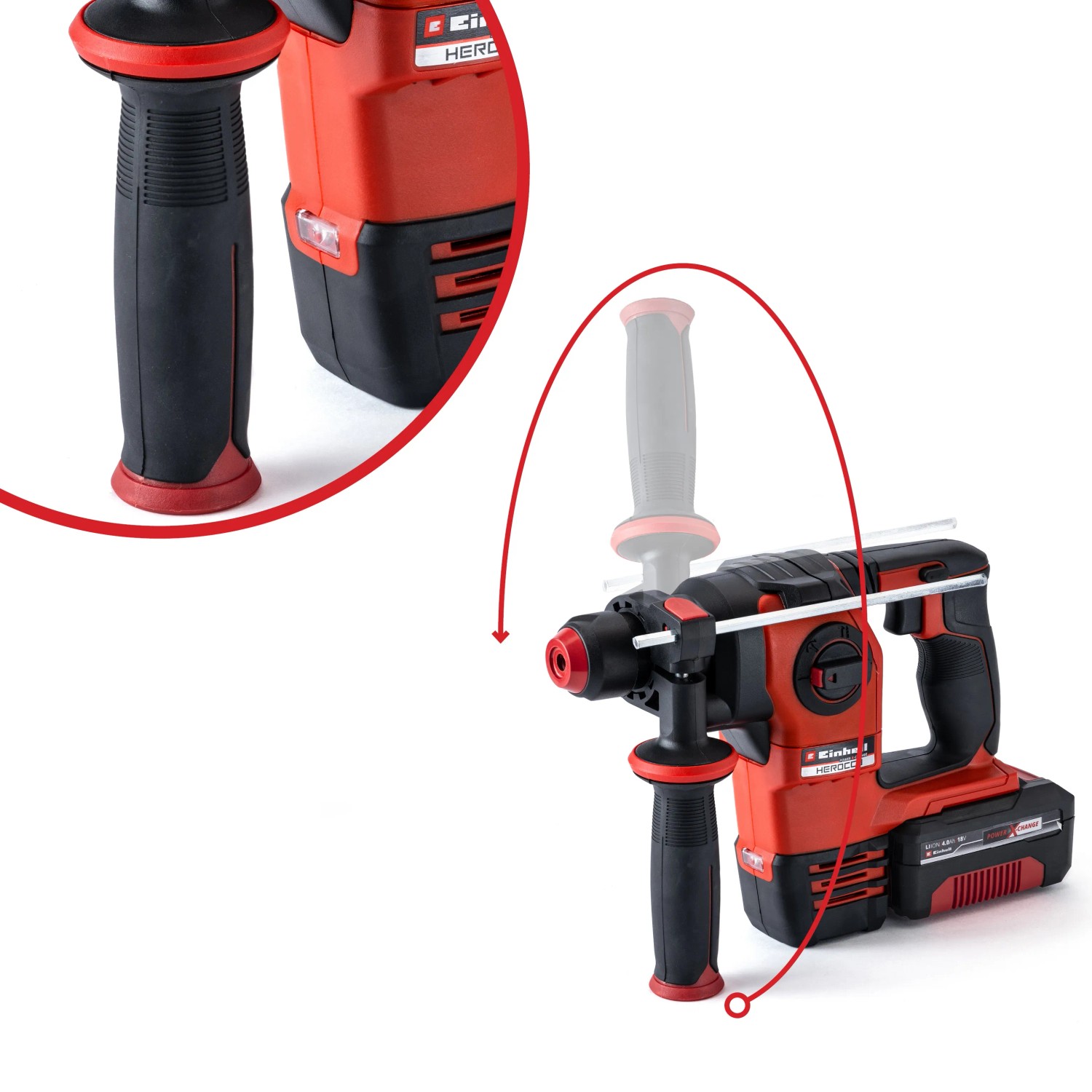 Trapano a percussione a batteria Einhell Herocco Solo, corpo rosso con impugnatura ausiliaria e valigetta.