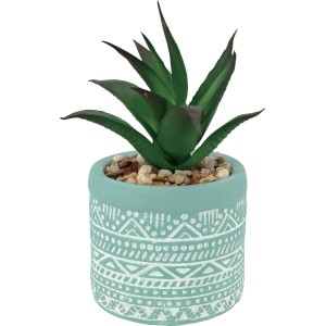 Succulenta artificiale in vaso color menta con motivo bianco, decorazione giardino.