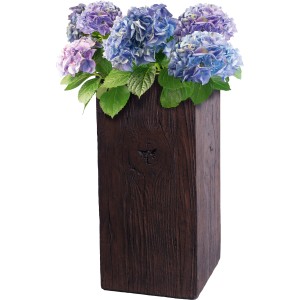 Vaso da fiori marrone (50x23x23 cm) effetto legno con ortensie viola.