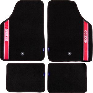 Tappetini auto neri t.b.t. con striscia rossa e logo, set da 4 pezzi per interni auto.