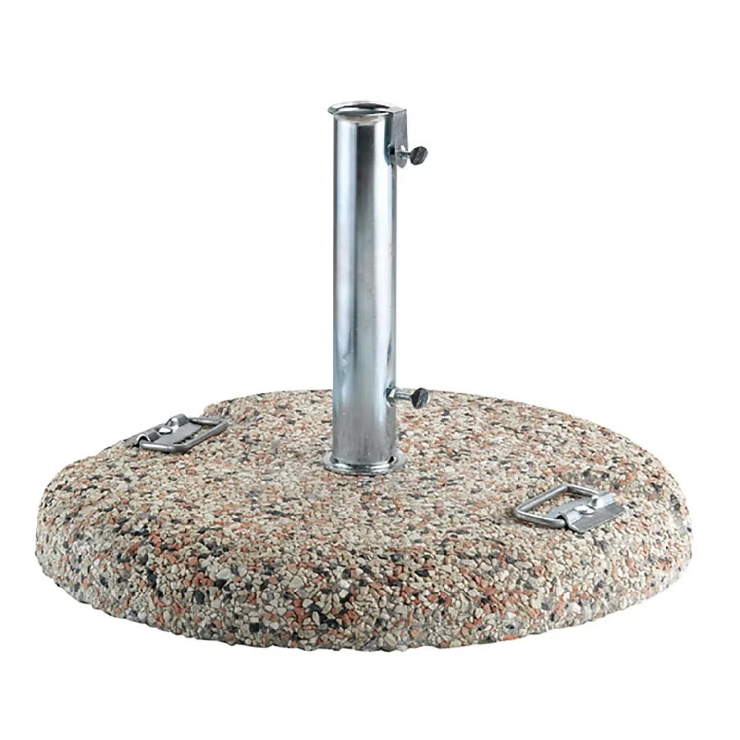 Base per ombrellone rotonda in pietra multicolore con tubo argentato.