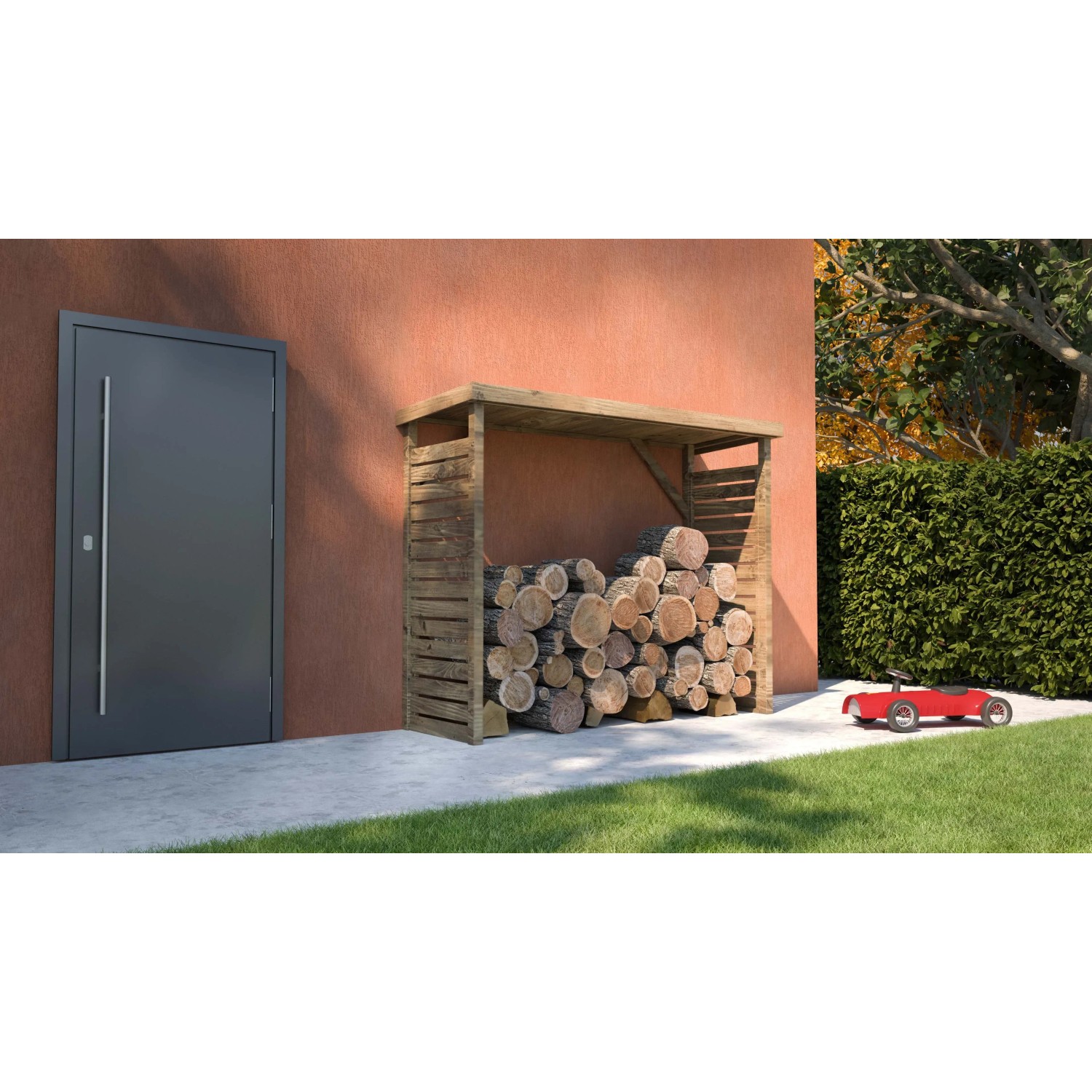 Legnaia in legno piena di legna da ardere, accanto a una porta d'ingresso.