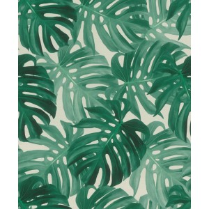 Carta da parati decorativa con foglie di Monstera verdi.