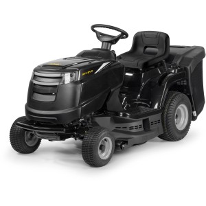 Trattorino tagliaerba nero Alpina AT4 84 A con cesto di raccolta. Design compatto per prati fino a 3000 m².