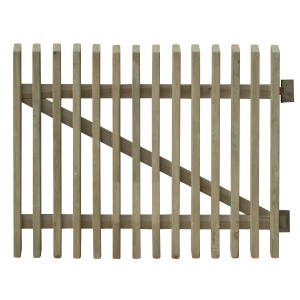 Cancello in legno per recinzione da giardino, finitura naturale, con rinforzo diagonale.