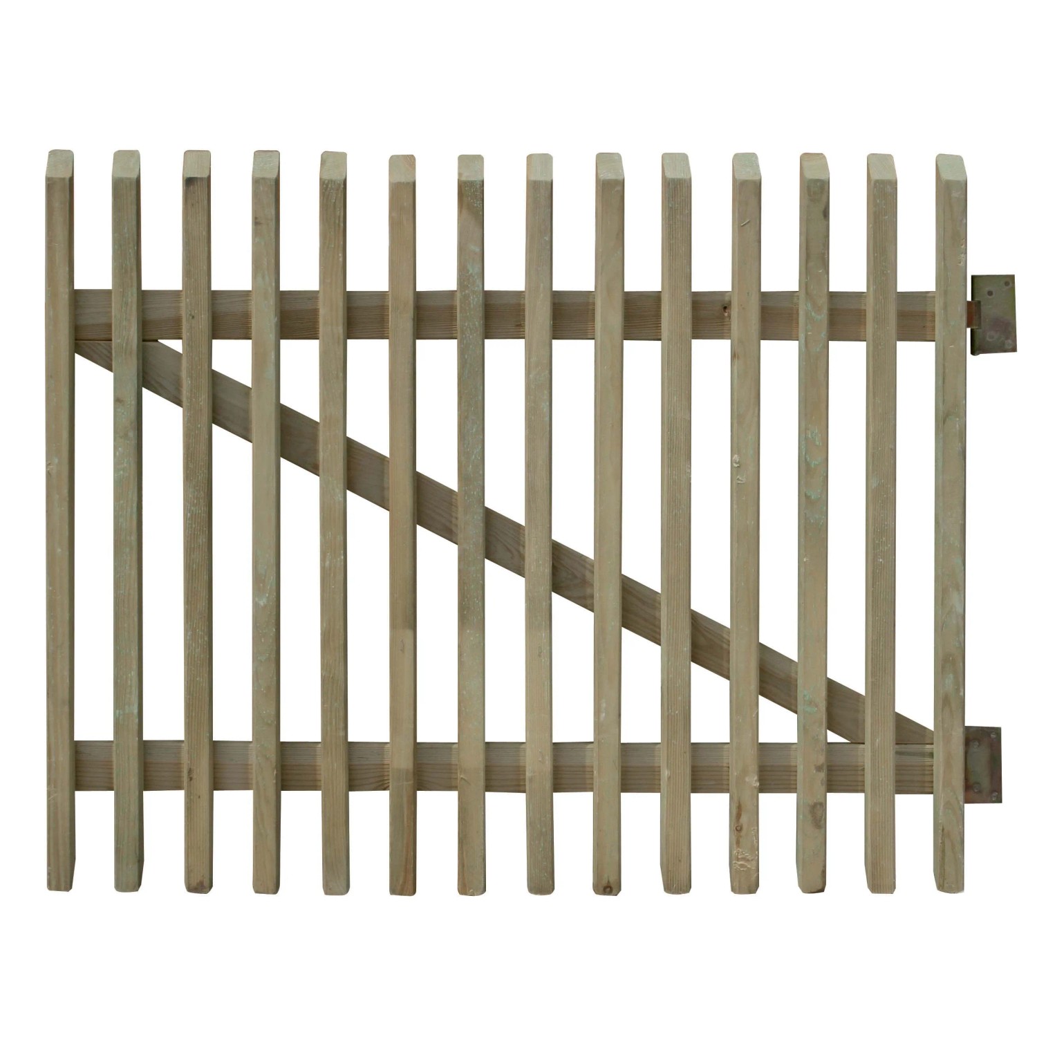 Cancello in legno per recinzione da giardino, finitura naturale, con rinforzo diagonale.