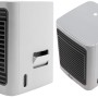 Ventilatore t.b.t. bianco portatile con lamelle e serbatoio d'acqua.