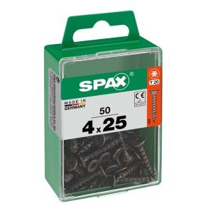 Viti SPAX 4x25 mm, 50 pezzi in contenitore di plastica verde. Elementi di fissaggio universali.