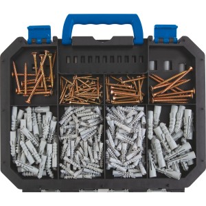 Cassetta assortita con viti e tasselli, set per diversi fissaggi.