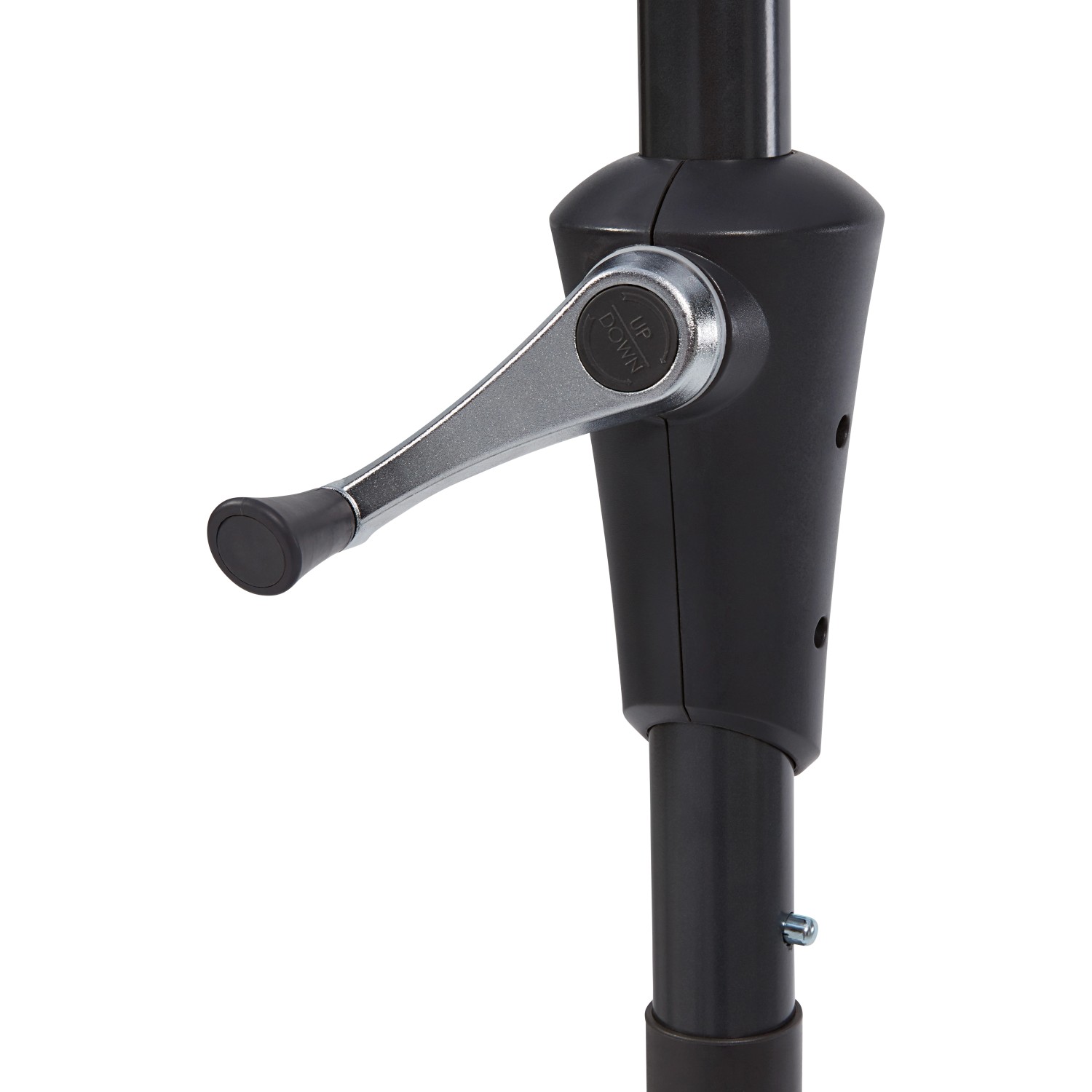 Dettaglio del meccanismo a manovella di un ombrellone Honolulu rosso e bianco.