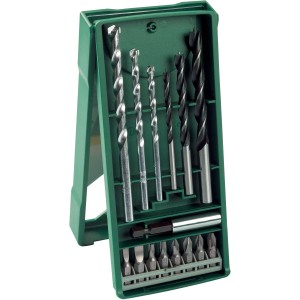 Bosch Mini-X-Line Mixed Set, 15 pezzi, con punte da trapano e inserti in scatola di plastica verde.