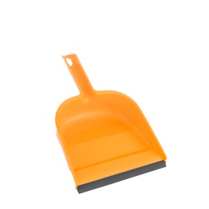 Paletta arancione per la pulizia, in plastica con bordo in gomma nera.