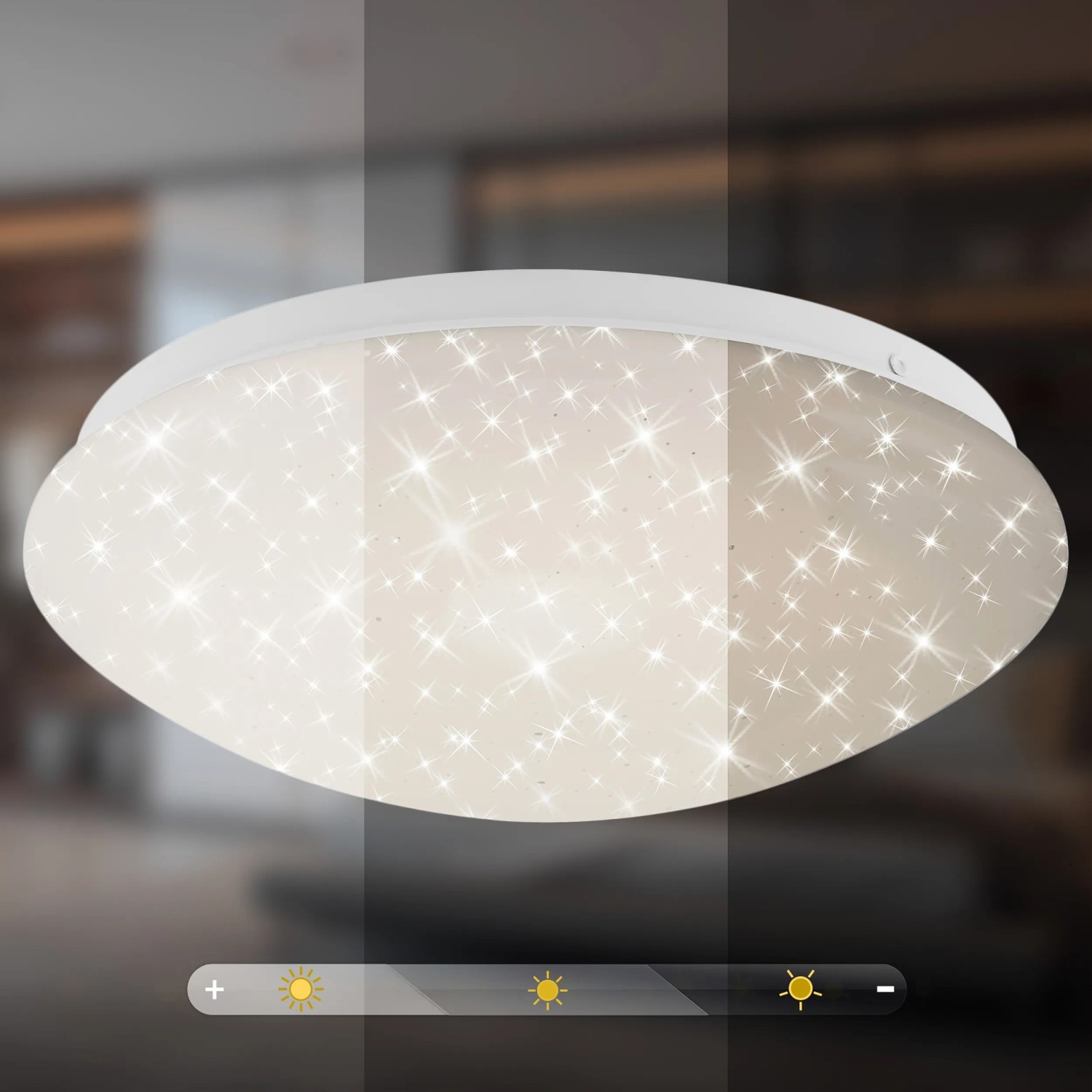 Plafoniera LED dimmerabile Brilo Moon, 26 cm, con decoro a stelle e telecomando.