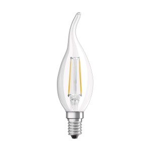 Lampadina LED E14 trasparente a forma di goccia.
