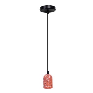 Lampada a sospensione t.b.t. con paralume in terrazzo rosso e dettagli neri.