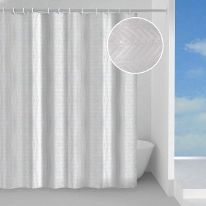 Tenda doccia t.b.t. bianca con motivo discreto e anelli di sospensione.