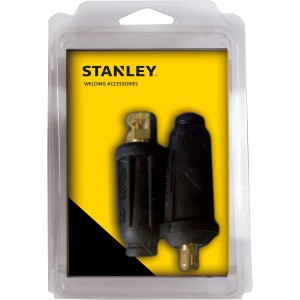 Accessori per saldatura Stanley, composto da due connettori neri con sfondo giallo.