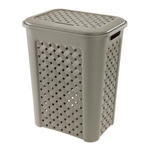 Cesto portabiancheria grigio con coperchio e design intrecciato.